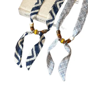 Blue beaded silk scarf necklace for women, stylish adjustable choker with wooden beads.