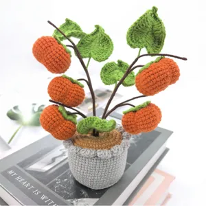 Handmade Crochet Wool Potted Plant Cute Artificial Fruit Persimmon Loquat Apple Orange Home Decor Desktop Ornament Gift