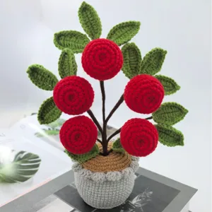 Handmade crochet potted plant yarn flower red berry desktop decor simulation gift