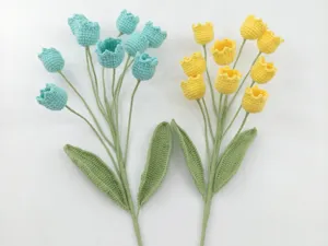 Handmade crochet flower detail, exquisite knit texture and colorful stem craftsmanship.