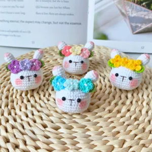 Handmade Crochet Rabbit Flower Keychain Cute Plush Animal Doll Bag Pendant Soft Yarn Key Ring Ornament Gift For Women