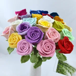 Handmade Knitted Crochet Wool Rose Flower Wine Glass Floral Bouquet Valentine Day Gift Home Decor Artificial Flower