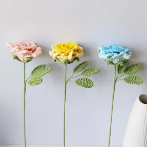 Handmade crochet rose flowers bouquet, three colorful knitted wool roses for home decor.