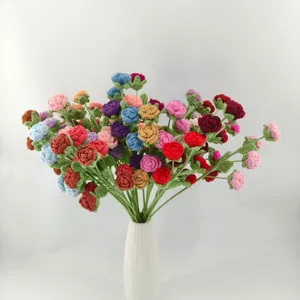 Handmade crochet rose flower bouquet detailed view, colorful yarn roses in white vase for gift