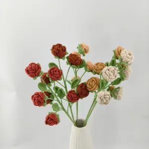 Handmade crochet rose bouquet detail view, beautiful multi-color wool flowers in ceramic vase.