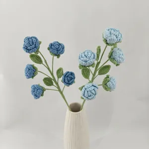 Handcrafted crochet blue rose bouquet flower arrangement with ceramic vase home decor