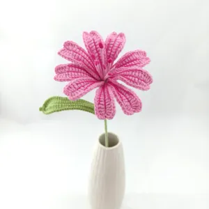 Handcrafted crochet Lewisia flower bouquet, delicate yarn flower detail with green stem for gift.