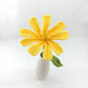 Handcrafted yellow crochet flower detail, beautiful knitted yarn bouquet gift for home decor.