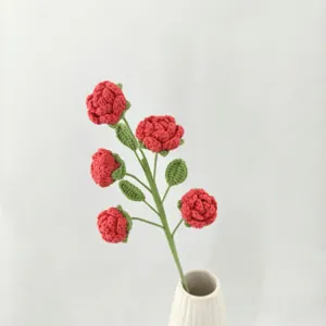Handcrafted crochet red rose detail, artificial knit flower branch for home decor