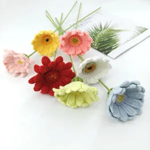 Handmade crochet gerbera daisy flower bouquet, multi-color knitted artificial floral decor for home.