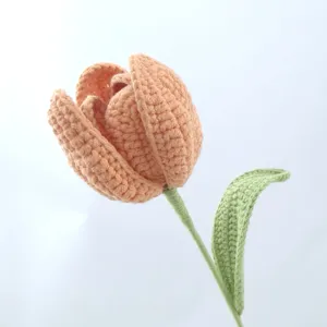 Handgefertigte Häkel-Tulpe Detailaufnahme, exquisite Woll-Blume für die schöne Heimdekoration.