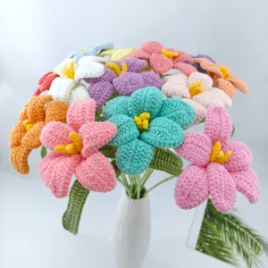 Handmade Crochet Yarn Tulip Eternal Flower Bouquet With Ceramic Vase Knitted Artificial Flowers Home Decor Gift