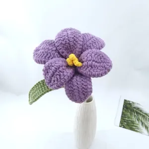 Handcrafted crochet purple flower everlasting bouquet with vase, exquisite detail home decor display.