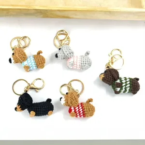 Handmade Crochet Dachshund Keychain Cute Knitted Dog Bag Pendant Cartoon Animal Car Key Ring Wallet Charm Gift