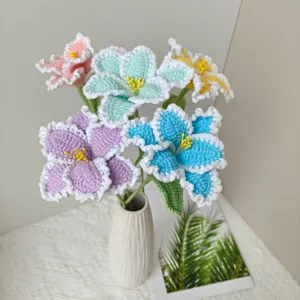 Handmade crochet parrot tulip flower bouquet finished yarn floral home decor vase set
