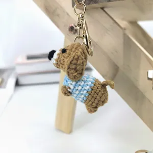 Handmade crochet dachshund dog keychain with blue sweater cute bag charm accessory