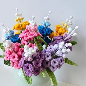 Handmade crochet wool flower bouquet, artificial grape hyacinth floral home decor.
