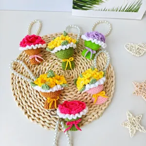 Handmade crochet flower bouquet keychain cute knitted rose sunflower bag pendant gift accessory