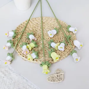 Handmade crochet bellflower bouquet, knitted 5-head floral branch ornament for home decor.