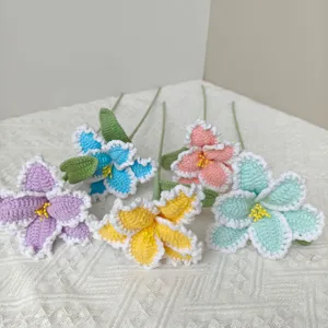 Handmade crochet parrot tulip flower bouquet, colorful knitted wool floral home decor.