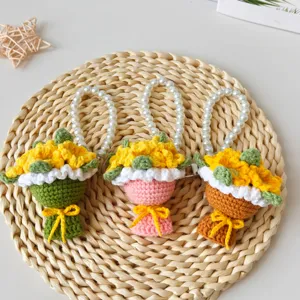 Handmade crochet sunflower bouquet keychain with pearl strap, cute bag charm and gift.