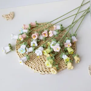 Handmade crochet bellflower bouquet, artificial knitted floral arrangement for home decor.