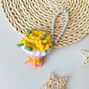 Handmade Crochet Flower Bouquet Keychain Cute Knit Sunflower Bag Charm with Pearl Strap
