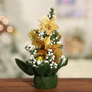 Mini sapin de noël détail, décor de baies poinsettia dorées, ornement de bureau 20cm.