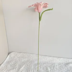 Handmade Crochet Pink Lily Flower Bouquet Knitted Home Decor Artificial Flower Ornament