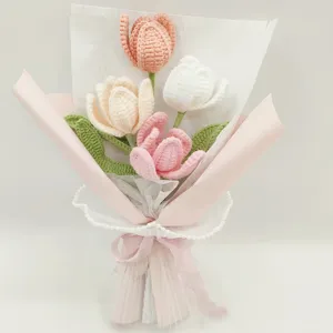 Handmade Knitted Yarn Flower Bouquet Crochet Tulip Rose Finished Bouquet For Mother Teacher Day Gift Home Decor