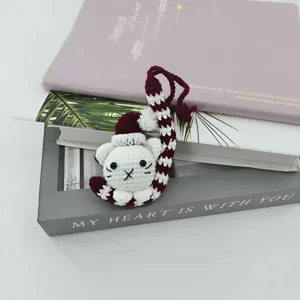 Handmade crochet Christmas cat keychain bag charm cute knitted wool ornament gift