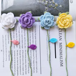 Handmade crochet rose bookmarks set, cute knitted flower page markers for reading lovers.