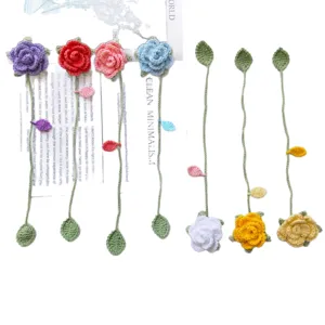 Handcrafted crochet rose flower bookmark and bag charm, cute yarn knit gift for women.