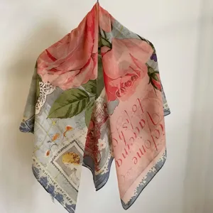 Monet style floral art print thin silk scarf detail, elegant spring summer travel accessory.