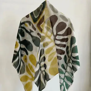 Lightweight artistic botanical print silk scarf, large square shawl for spring and summer fashion.