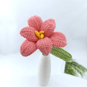 Handmade crochet tulip flower close-up detail, perfect wool everlasting gift bouquet.