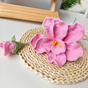Handmade crochet pink flower crochet bouquet home decor knit botanical gift artificial craft 1pc