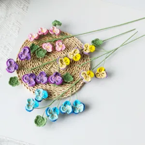 Handmade Crochet Wool Pansy Flower Branch Simulated Floral Arrangement For Home Decor Living Room Desktop Ornament