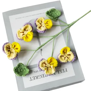 Handmade crochet pansy flower branch knitted artificial floral bouquet for home decor.