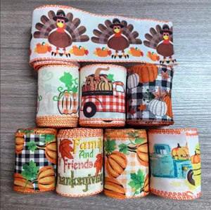 Thanksgiving wired ribbon set with pumpkins turkeys and autumn truck designs for holiday decor.