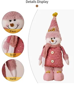 Vue detaillee de la poupee peluche bonhomme de neige rose, montrant le visage et l'echarpe.