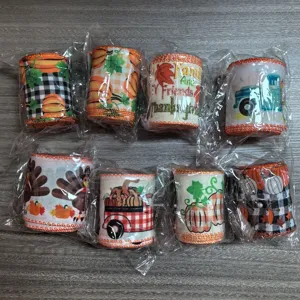 Thanksgiving decorative ribbon set with autumn pumpkin maple leaf patterns for gift wrapping.