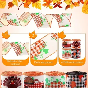 Thanksgiving ribbon autumn harvest pumpkin plaid maple leaf decorative DIY craft spool 4pcs