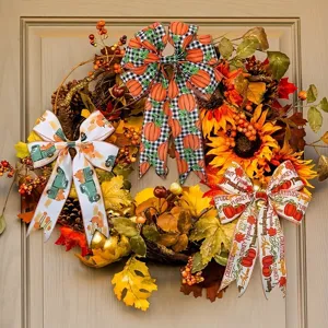 Thanksgiving autumn harvest wreath pumpkin plaid ribbon maple leaf bow decor ornament