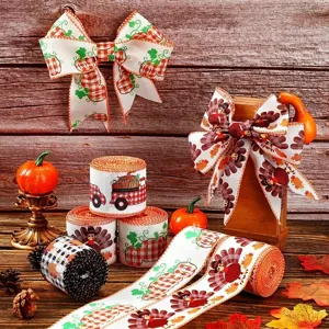 Thanksgiving wired ribbon autumn pumpkin turkey plaid ribbon rolls for gift wrapping crafts