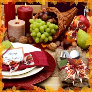Thanksgiving decorative ribbon detail scene showing autumn harvest plaid bow and turkey print.