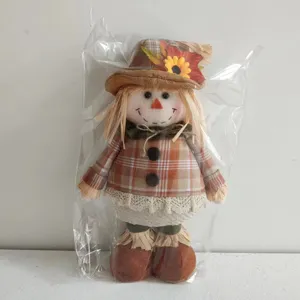 Thanksgiving harvest scarecrow doll autumn plush toy with sunflower and plaid shirt decor.