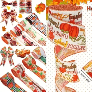 Thanksgiving wired ribbon set with pumpkins and maple leaves for autumn holiday decor.