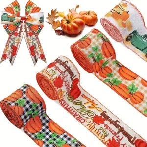 Thanksgiving wired ribbon autumn harvest pumpkin plaid ribbons maple leaf bow for decor craft