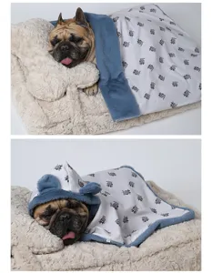 Cute plush pet blanket with bunny ears design, warm fleece dog bed for autumn and winter.